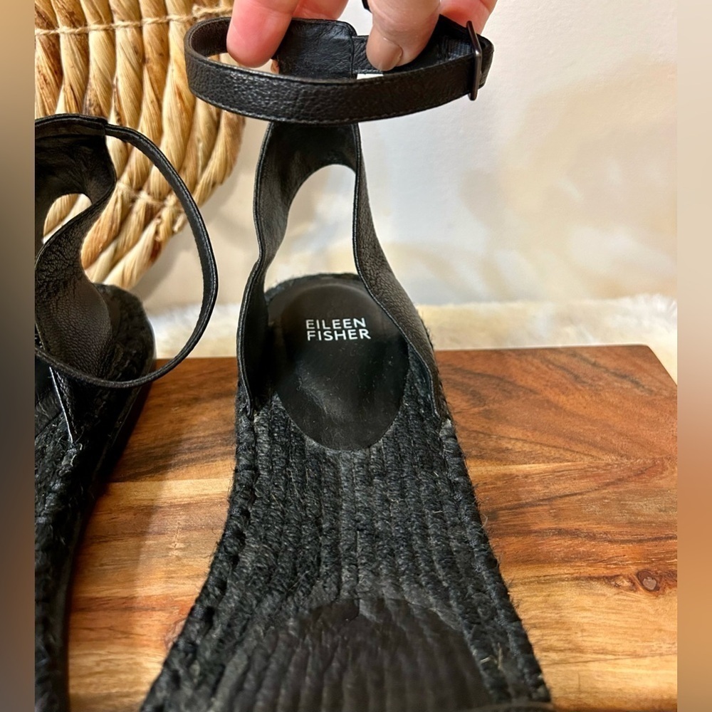 Eileen Fisher Mike Tumbled Leather Espadrille Sandals in Black Size 11 - Picture 6 of 10
